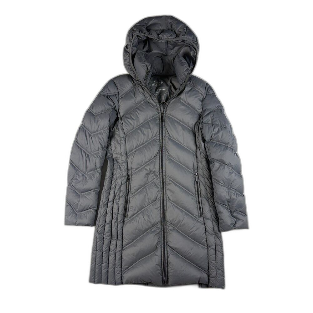 Michael Kors Down Puffer Coat Womens XS Gray Chevron Hooded Packable Long Jacket